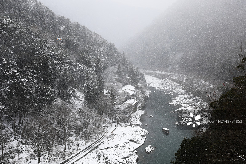 日本京都岚山保津峡雪景图片素材