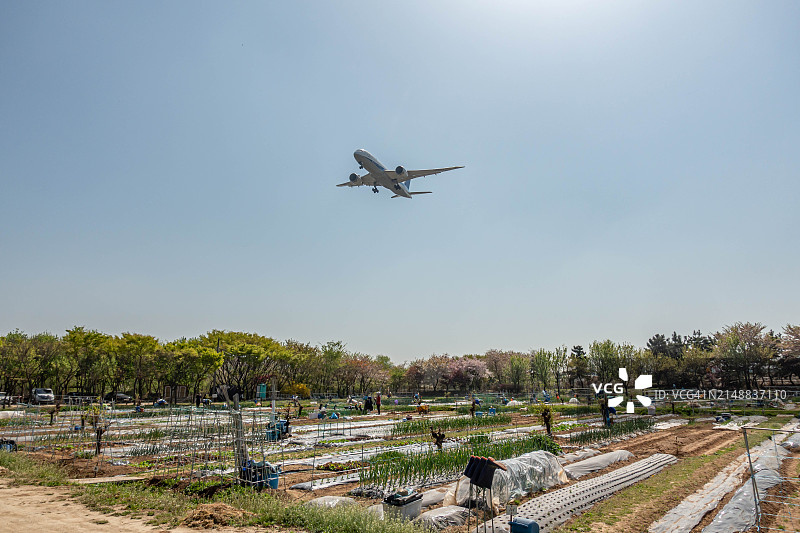 飞机飞越韩国京畿道的农业田地图片素材