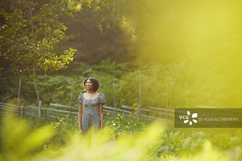 年轻女子在阳光明媚的森林里图片素材