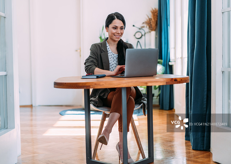 在现代办公室使用笔记本电脑的成功女商人图片素材