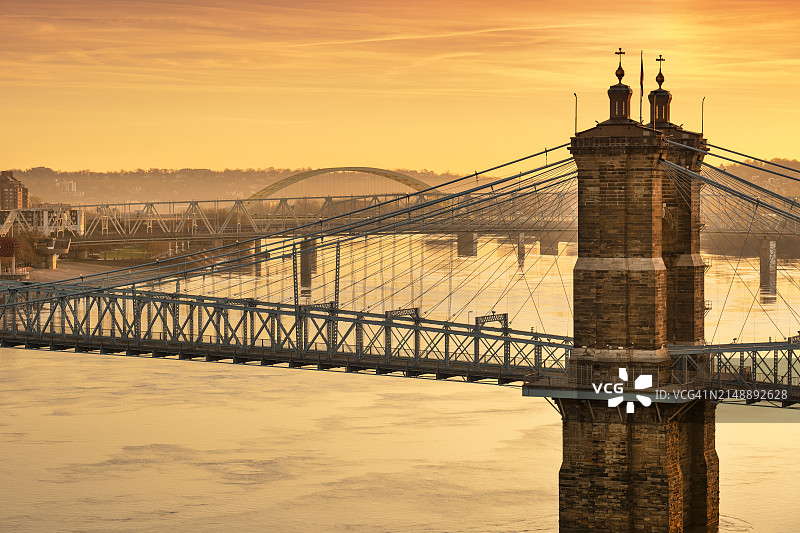 俄亥俄州辛辛那提市中心天际线风光，俄亥俄河图片素材