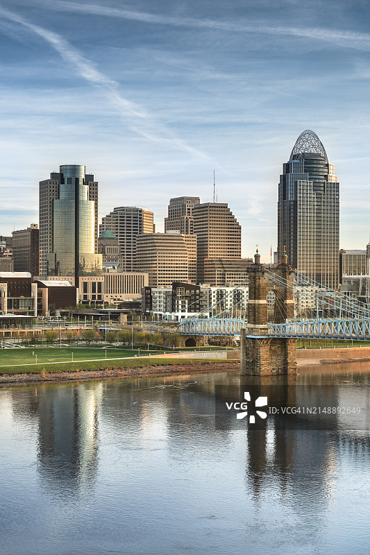 俄亥俄州辛辛那提市中心天际线风光，俄亥俄河图片素材