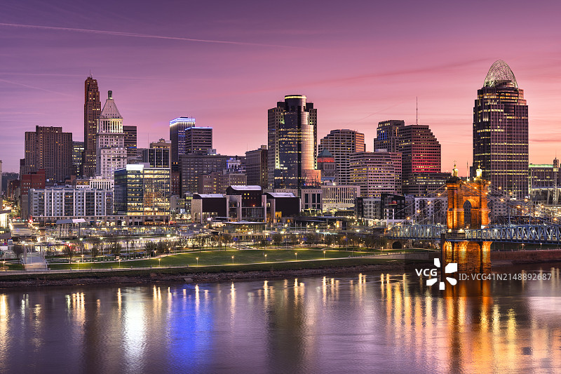 俄亥俄州辛辛那提市中心天际线风光，俄亥俄河图片素材
