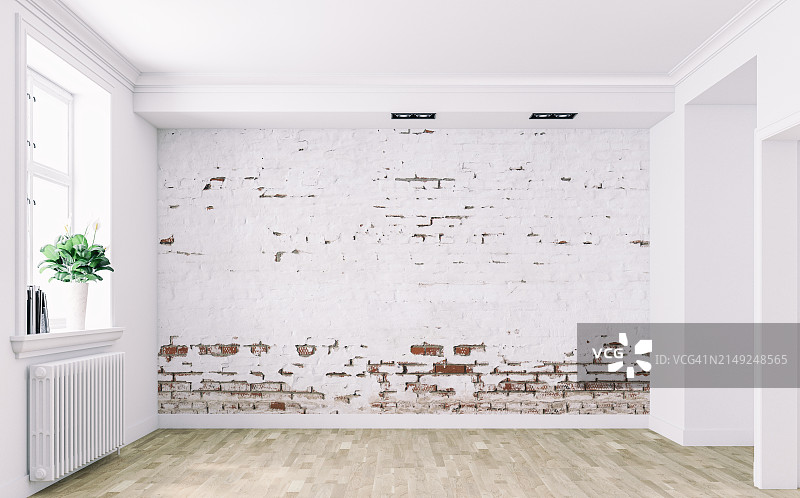 空旧风格白色房间，有毁坏的白色砖墙背景、线条和窗户图片素材