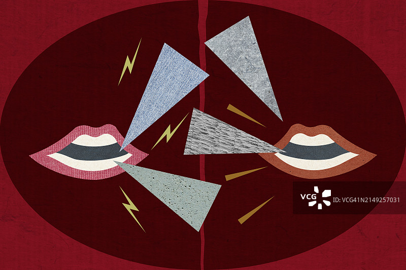 两张嘴争吵，中间有对话气泡和图形符号图片素材