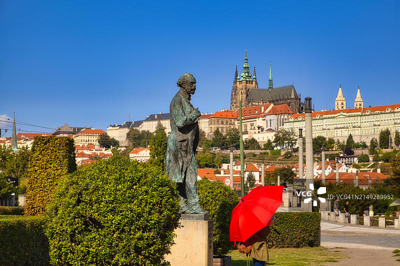 布拉格：安东尼·德沃夏克雕像与赫拉德卡尼山景图片素材