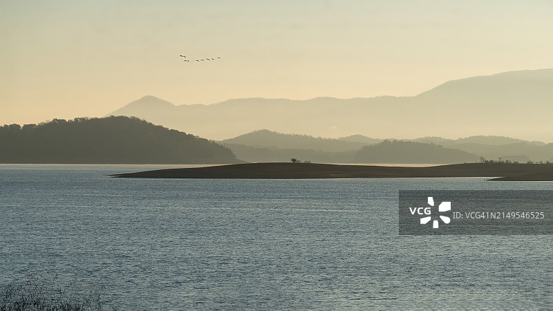 雾中山湖飞鸟图片素材
