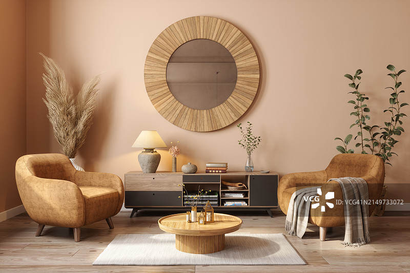 带扶手椅、咖啡桌、镜子、盆栽植物和米色墙壁的波西米亚风格客厅图片素材