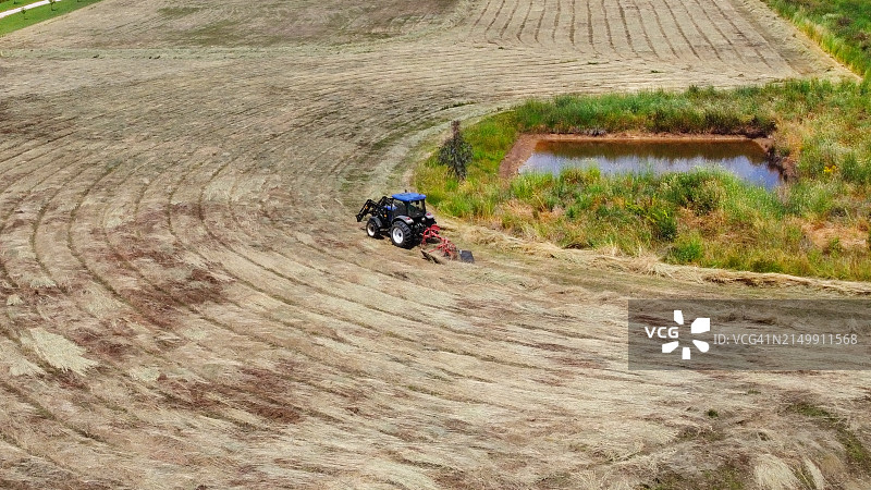 无人机视角：拖拉机牵引农具准备干草捆图片素材