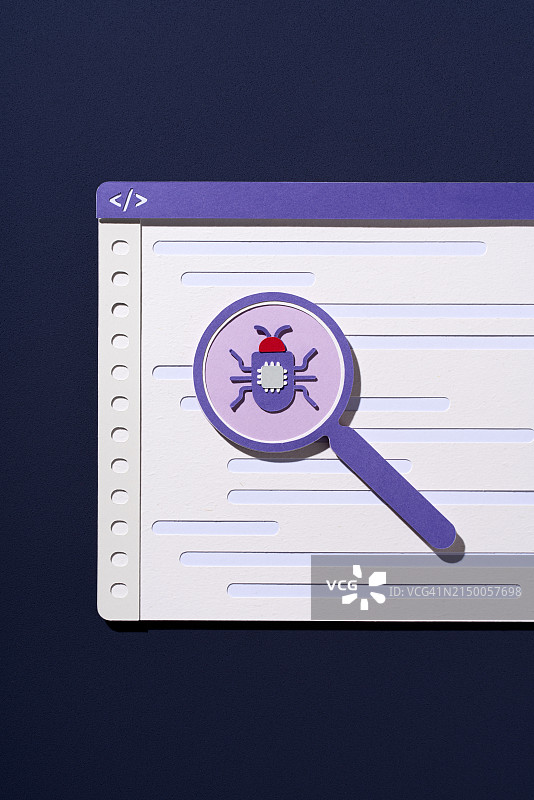 调试：放大镜在编程代码中查找错误，纸艺图片素材