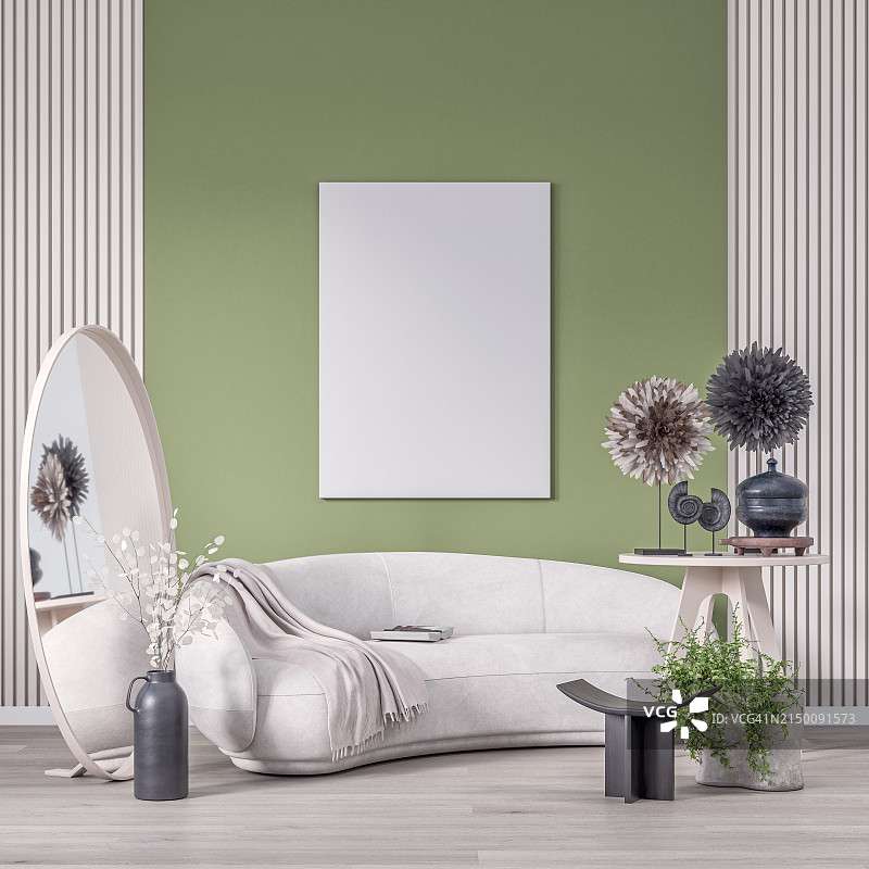 舒适、优雅、现代的客厅，圆形白色天鹅绒沙发，半石膏鼠尾草绿墙背景，半天然白色木镶板墙，大型长方形相框的正面视角图片素材