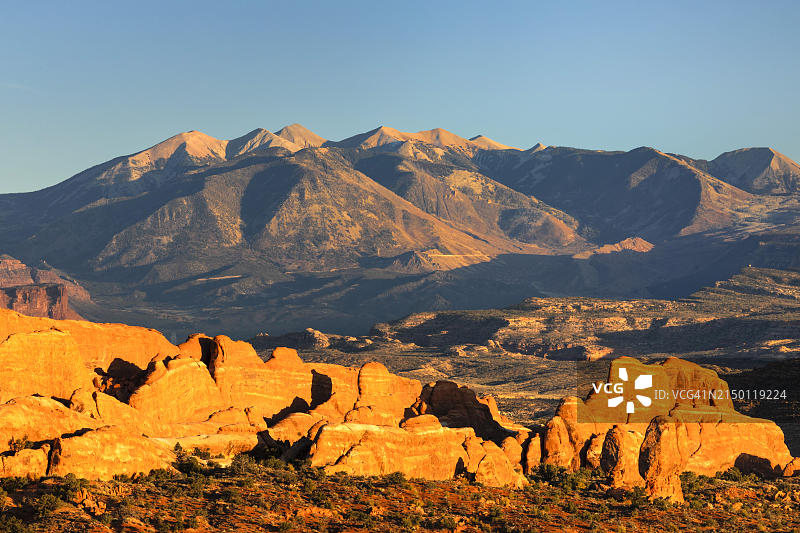 美国犹他州拱门国家公园沙拱观景，远眺拉萨尔山脉图片素材