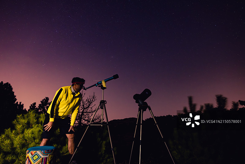 天文学家用望远镜观察星空图片素材