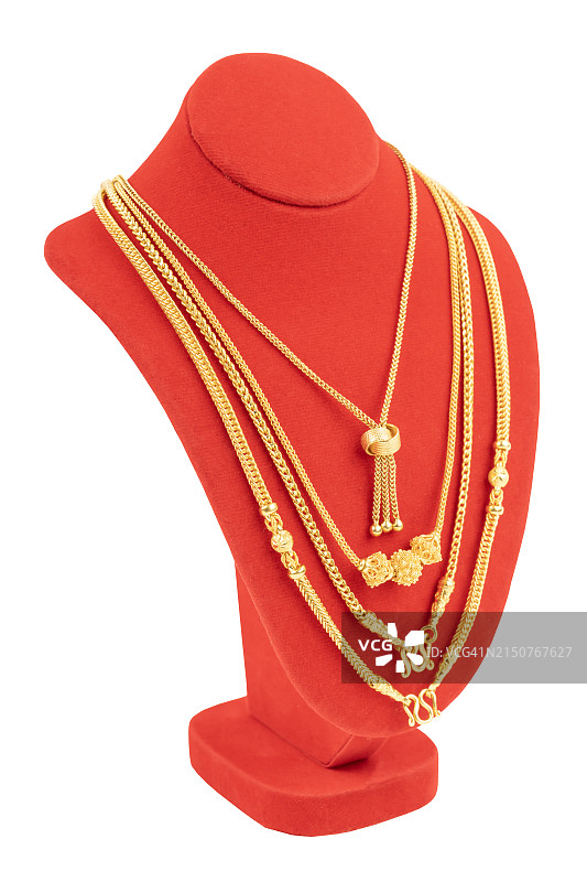 白色背景上的金色项链展示架（含裁剪路径）图片素材