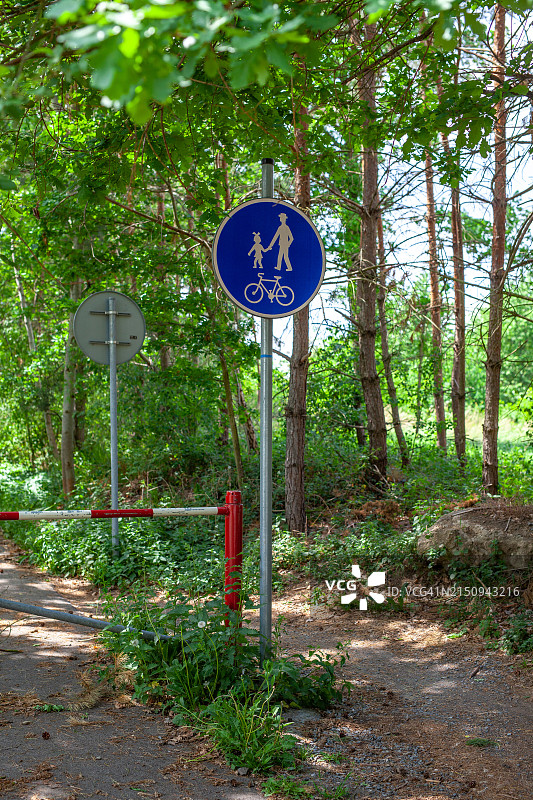 林区内的蓝色行人和自行车共用道路标志图片素材