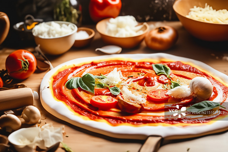 凌乱厨房中与烹饪原料的意大利披萨图片素材