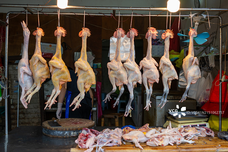 鸡肉摊上悬挂的整只光鸡图片素材