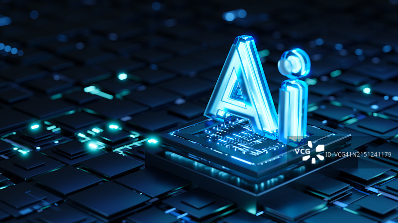 AI概念：抽象电路板背景上的全息AI 3D符号图片素材
