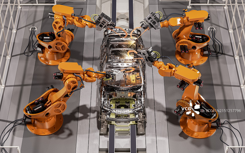 汽车制造工厂装配线上的工业机器人图片素材