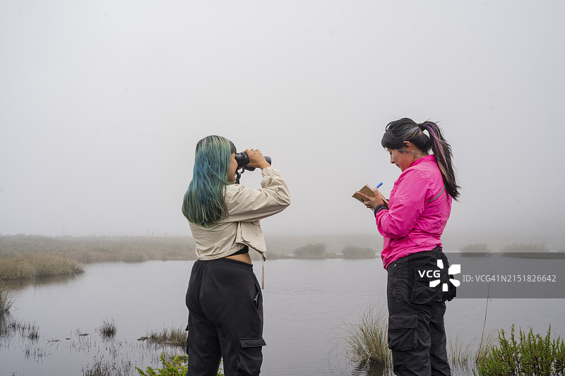 生物学同事正在用双筒望远镜观察图片素材