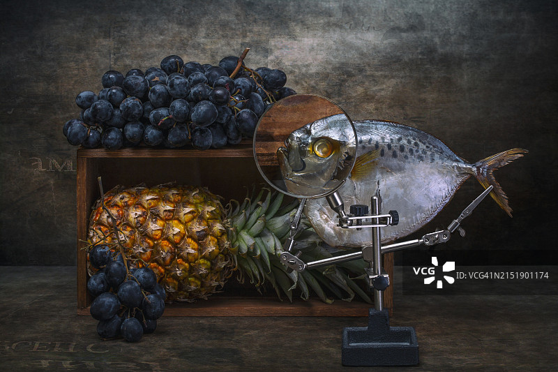 月亮鱼、葡萄和菠萝静物概念图片素材