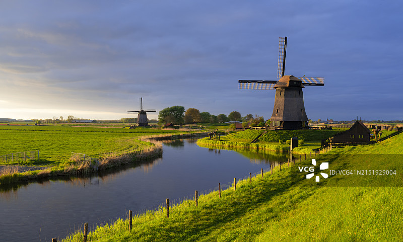 荷兰斯赫默霍恩附近运河沿岸的风车图片素材