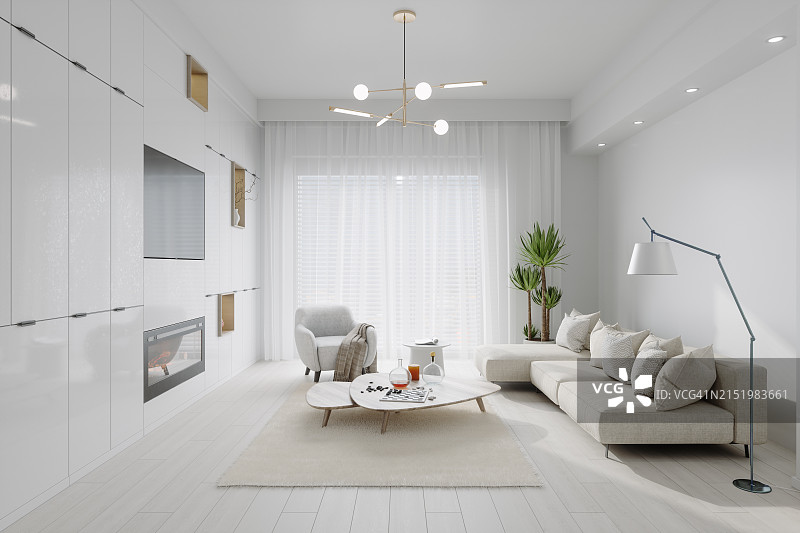 带转角沙发、扶手椅、电视机、落地灯和盆栽植物的现代客厅的侧面图片素材