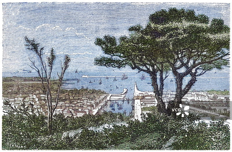 老式雕刻插图：法国瑟堡及其堡垒和港口图片素材
