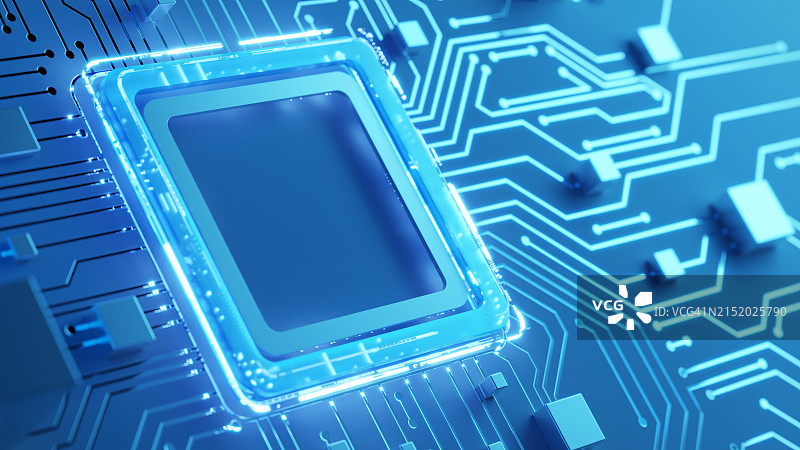 电子产业与科技概念。抽象电路板背景，带有作为电脑芯片象征的框架图片素材