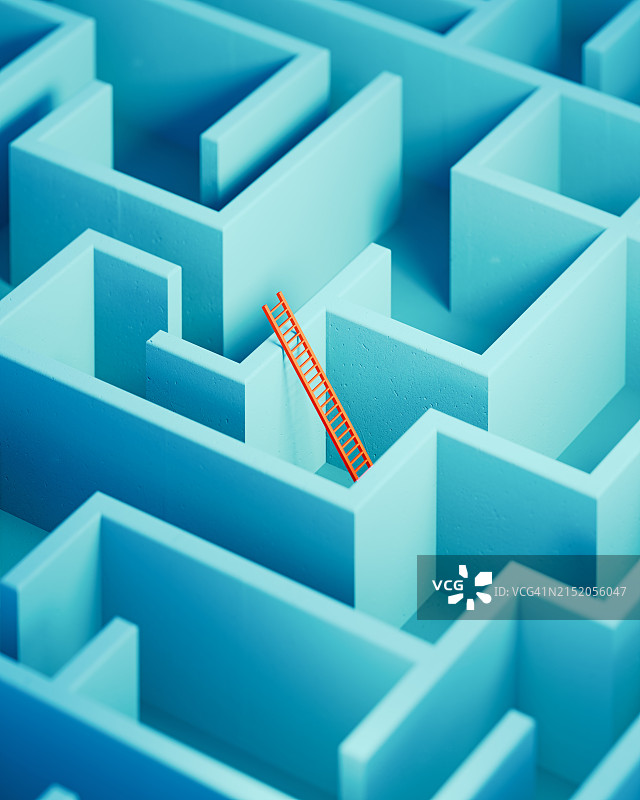 蓝色迷宫中的红色梯子——解决方案概念图片素材
