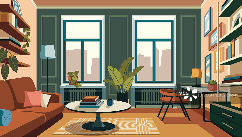 舒适的阅读角：沙发、书架和植物，扁平风格矢量插画，城市窗景图片素材