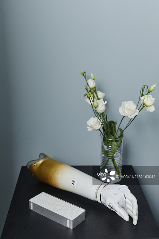 家里的卧室：夜床柜上放着假肢手臂和白色玫瑰花瓶图片素材