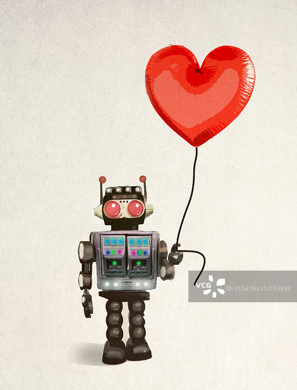 机器人手持心形气球插画图片素材