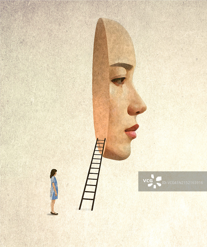 女人看着通往超大女性面具的梯子的插画图片素材