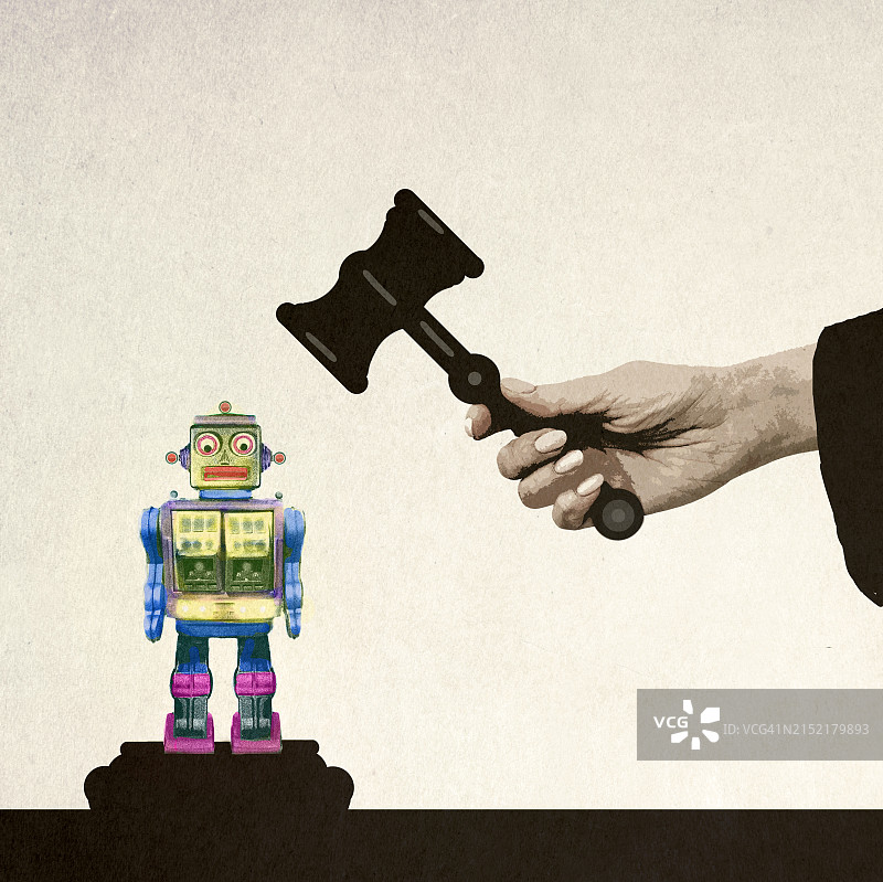 法官锤下的机器人插画图片素材