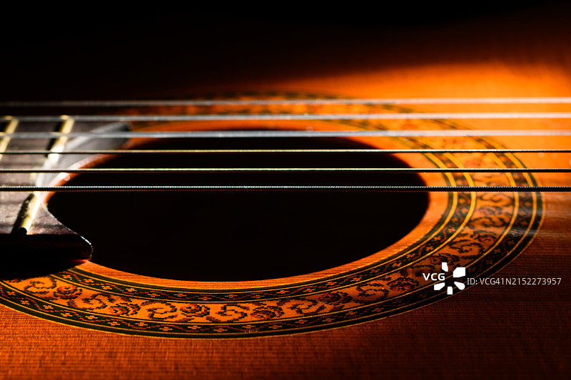 古典吉他的音孔和面板特写图片素材