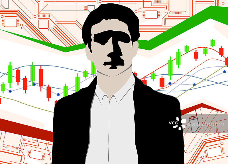 具有投资图表和电子电路背景的商人图片素材