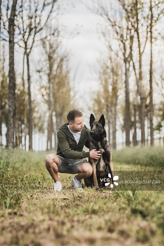 坚定不移的纽带：男人与他的比利时牧羊犬图片素材