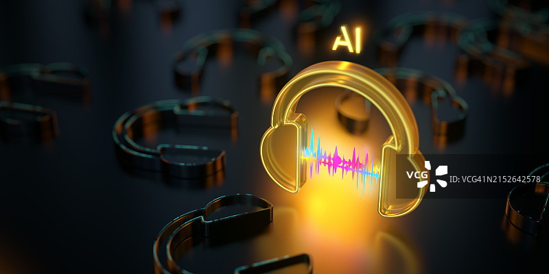 深色背景上带音频波形的发光AI音乐图标。黄色透明玻璃材质在黑暗的反射地板上发光图片素材