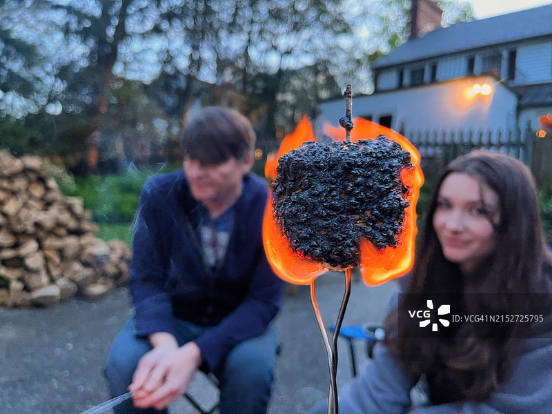 父女在后院的篝火上烤棉花糖图片素材