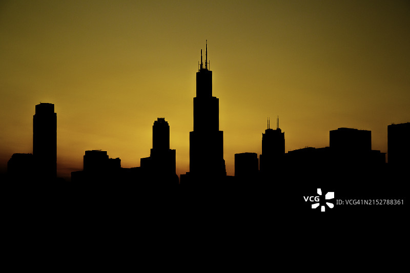 日落时分芝加哥湖滨天际线剪影全景图图片素材