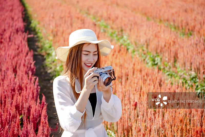 年轻女游客在花田拍照图片素材