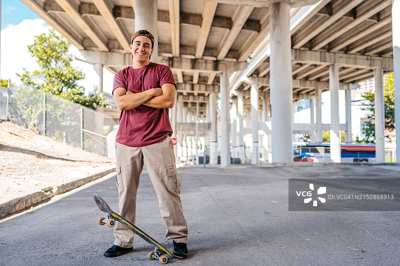 年轻的西班牙裔男子在迈阿密美国停车场的滑板图片素材