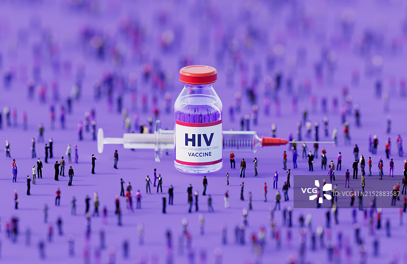 人群围绕紫色背景上的注射式艾滋病疫苗瓶图片素材