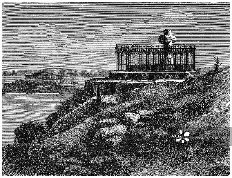 法国圣马洛，弗朗索瓦-勒内·德·夏多布里昂之墓古老雕刻插图图片素材