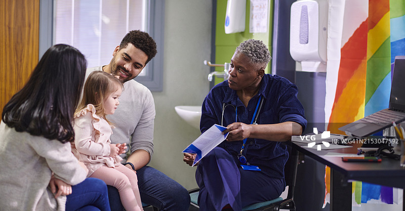 医生向父母展示宣传单图片素材