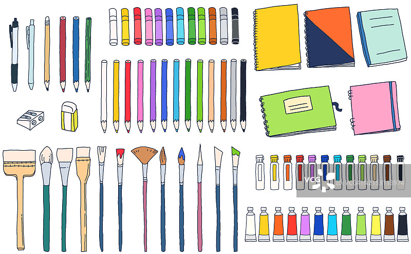 手绘美术用品和工具插画套装图片素材