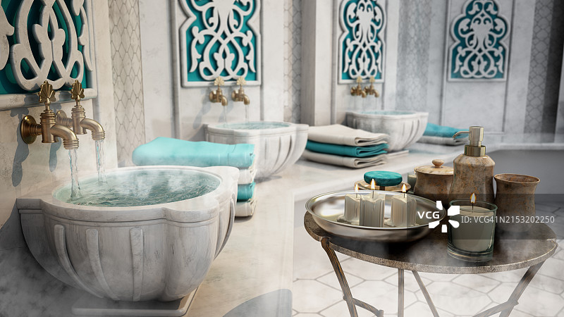 土耳其浴场内部：流水与烛光图片素材