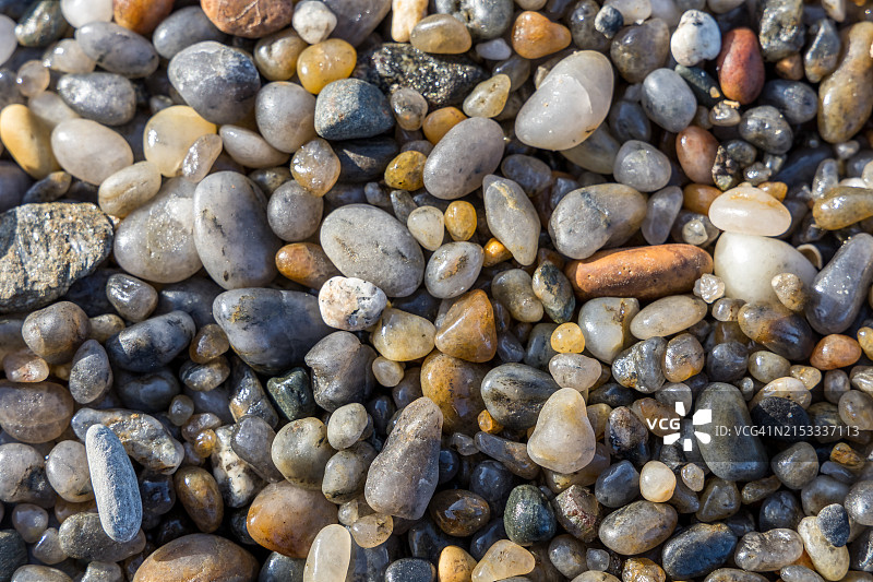 海滩上彩色湿石头特写图片素材