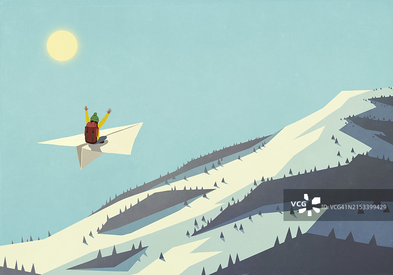 背着背包，乘坐纸飞机飞越阳光雪山的快乐女士图片素材